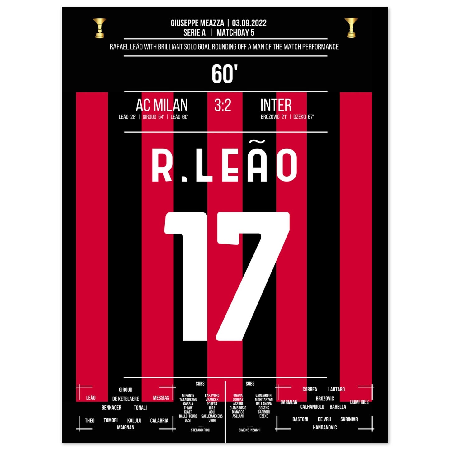 Man Of The Match Performance von Rafael Leão im Derby gegen Inter 45x60-cm-18x24-Ohne-Rahmen