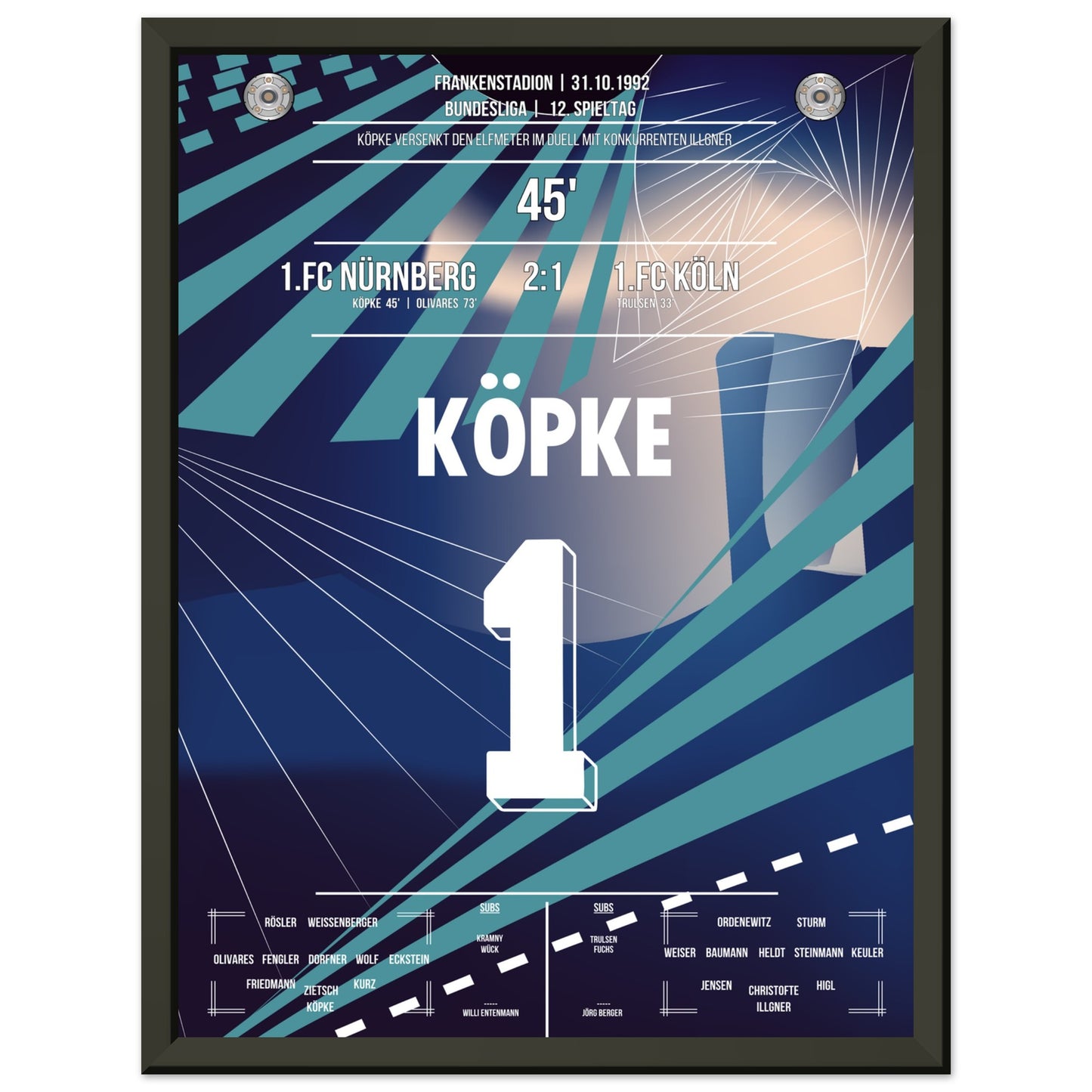 Köpke's Tor im Elfmeterduell mit Illgner 1992 30x40-cm-12x16-Schwarzer-Aluminiumrahmen