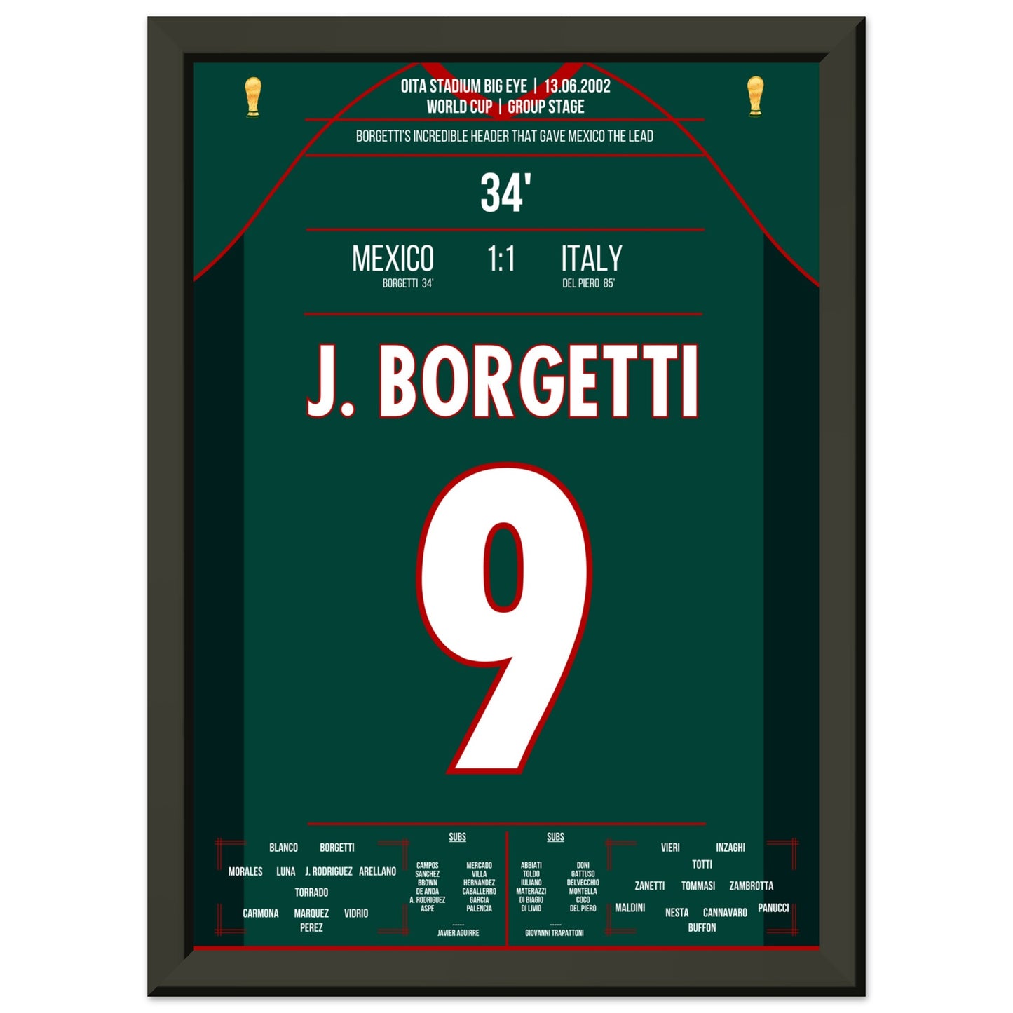 Borgetti's sensationelles Kopfballtor gegen Buffon bei der WM 2002 A4-21x29.7-cm-8x12-Schwarzer-Aluminiumrahmen
