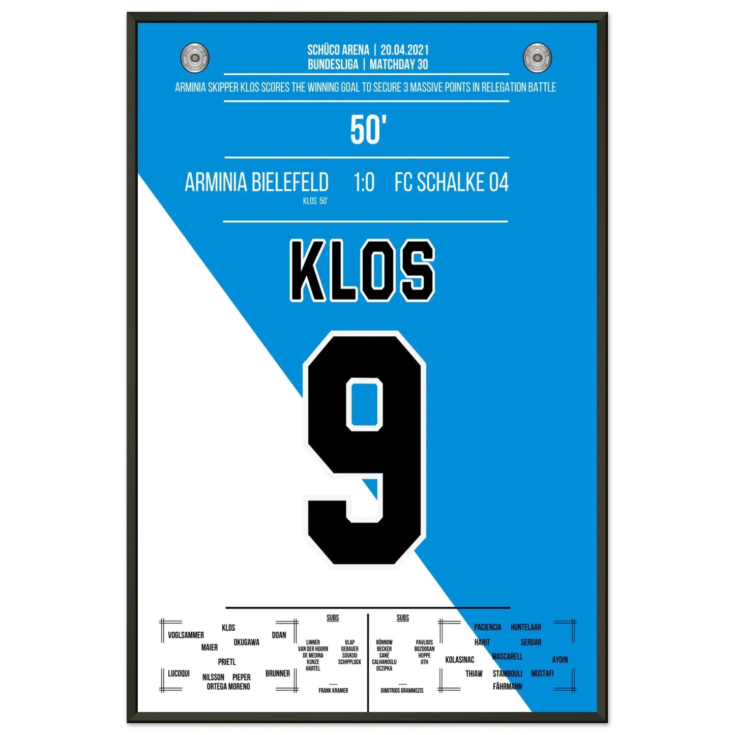 Bielefeld's Big Points im Abstiegskampf gegen Schalke 2021 60x90-cm-24x36-Schwarzer-Aluminiumrahmen