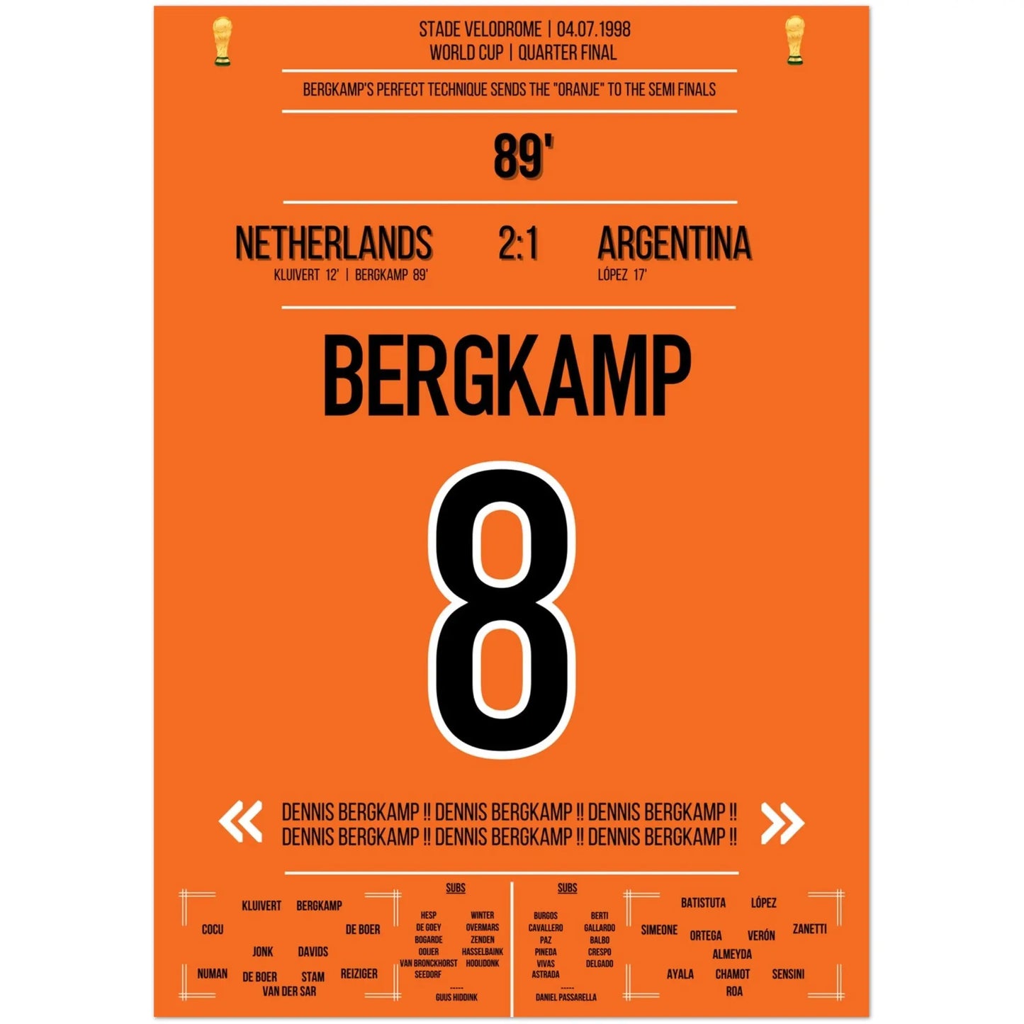 Dennis Bergkamp Traumtor bei der WM 1998 im Viertelfinale Niederlande - Argentinien