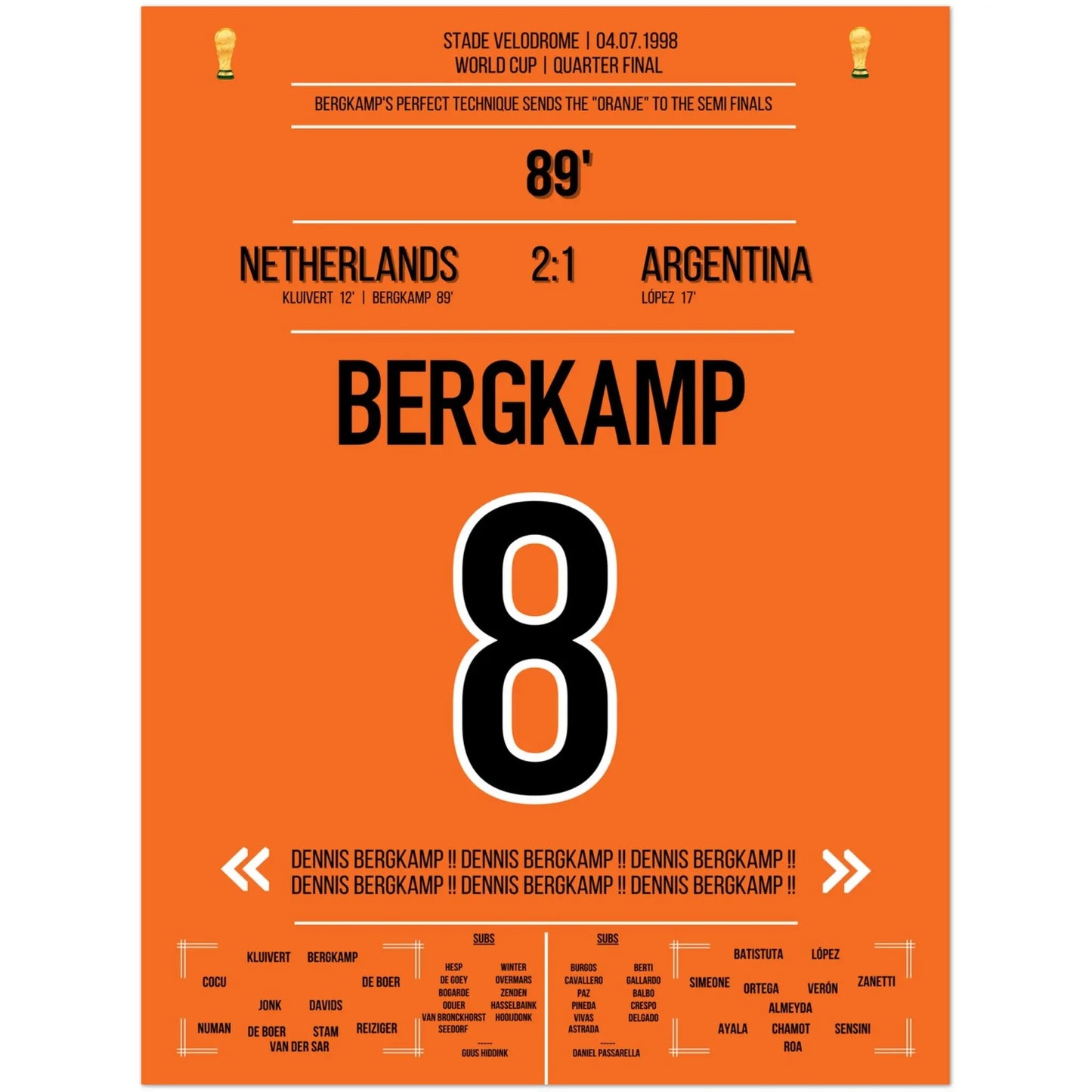 Dennis Bergkamp Traumtor bei der WM 1998 im Viertelfinale Niederlande - Argentinien