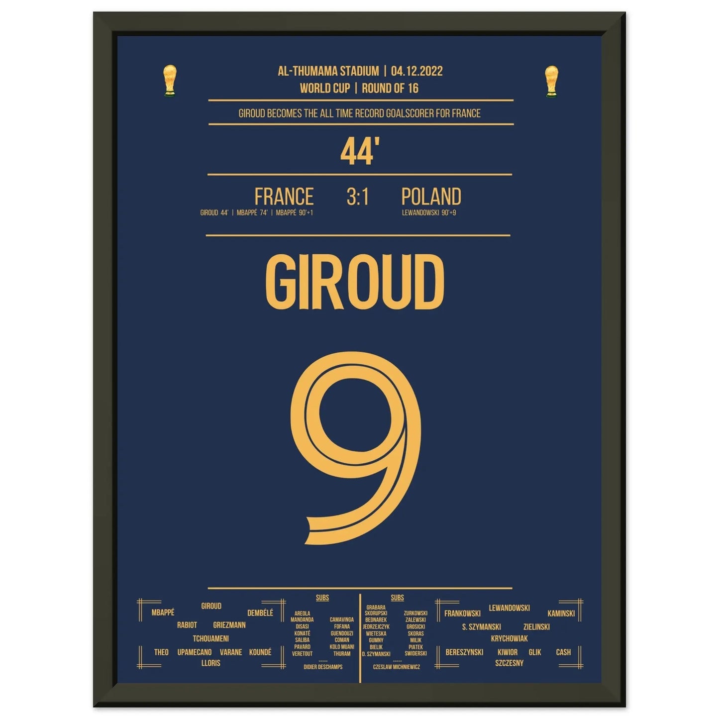 Giroud's Rekord-Tor für Frankreich bei der WM 2022 gegen Polen 30x40-cm-12x16-Schwarzer-Aluminiumrahmen