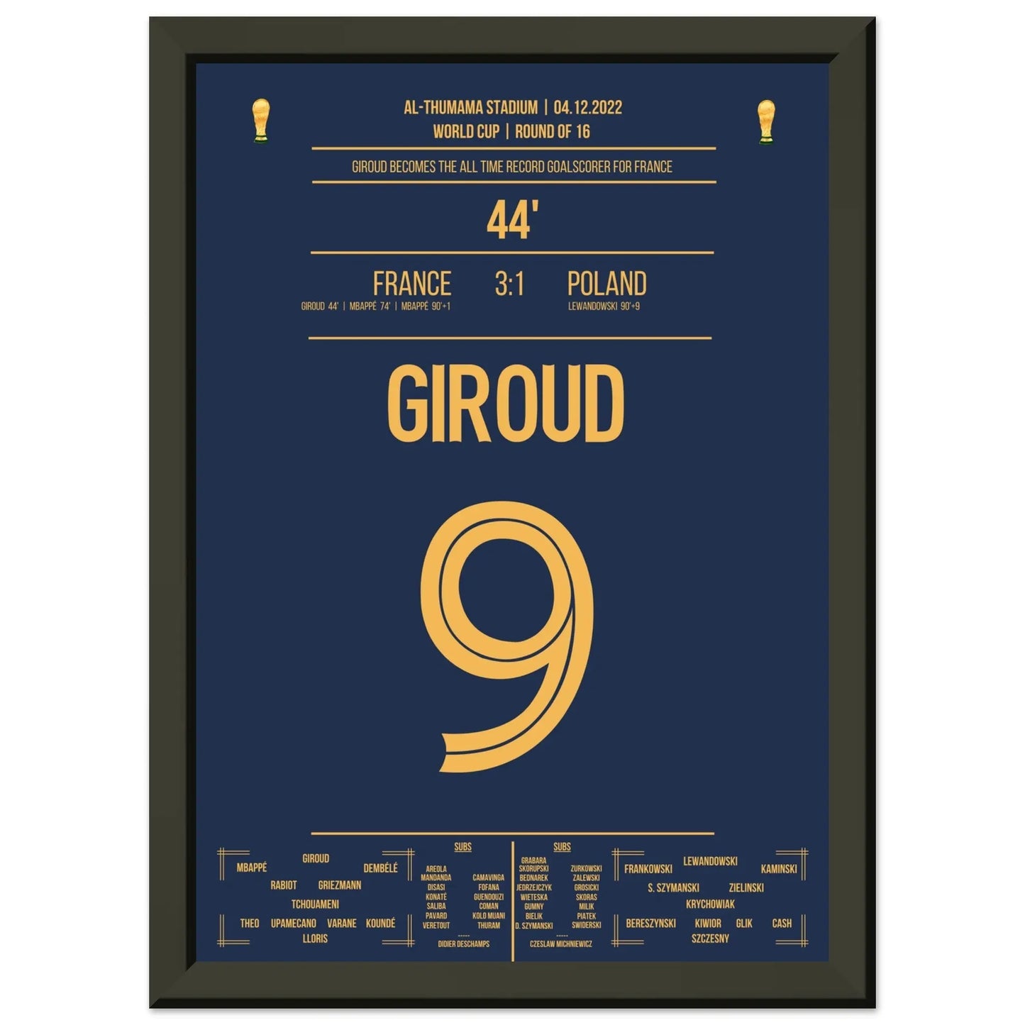 Giroud's Rekord-Tor für Frankreich bei der WM 2022 gegen Polen A4-21x29.7-cm-8x12-Schwarzer-Aluminiumrahmen
