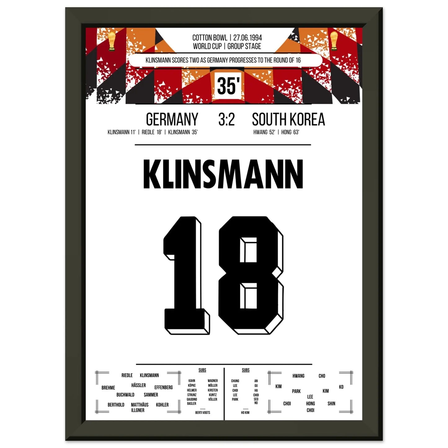 Klinsmann schießt Deutschland mit Doppelpack ins Achtelfinale der WM 1994 A4-21x29.7-cm-8x12-Schwarzer-Aluminiumrahmen