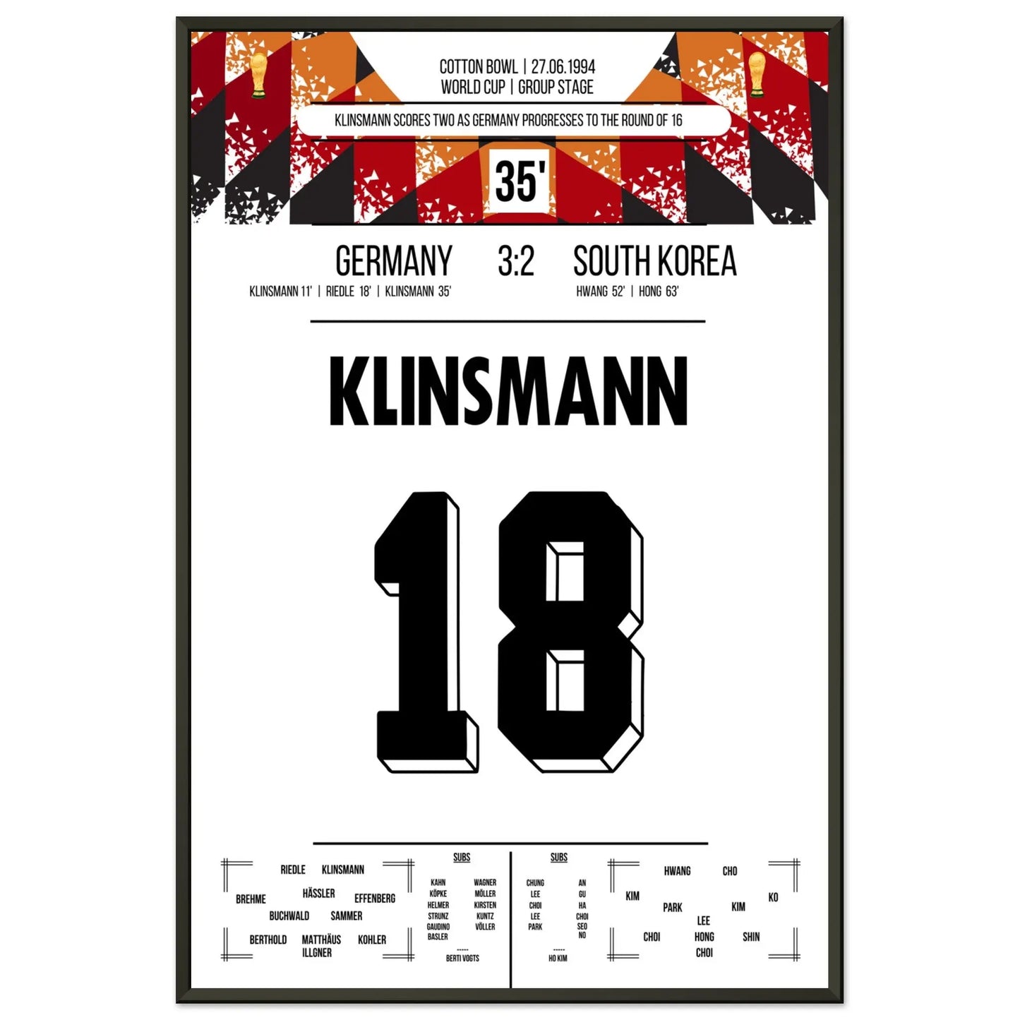 Klinsmann schießt Deutschland mit Doppelpack ins Achtelfinale der WM 1994 60x90-cm-24x36-Schwarzer-Aluminiumrahmen