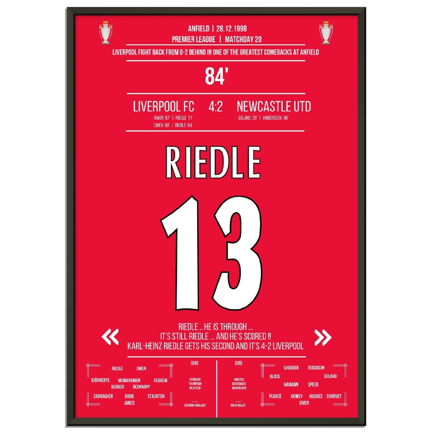 Riedle's Doppelpack bei Liverpools wilder Aufholjagd gegen Newcastle 1998
