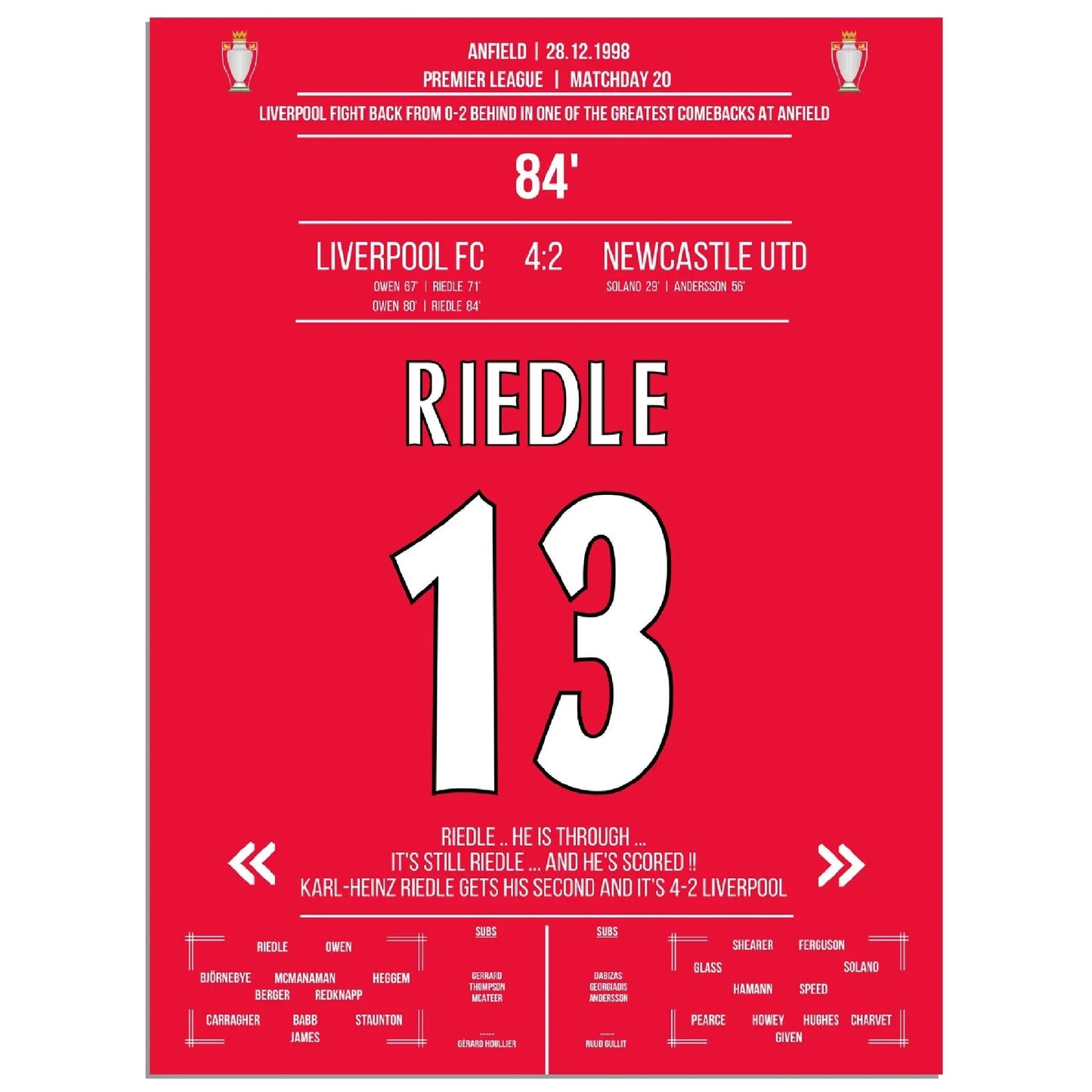 Riedle's Doppelpack bei Liverpools wilder Aufholjagd gegen Newcastle 1998