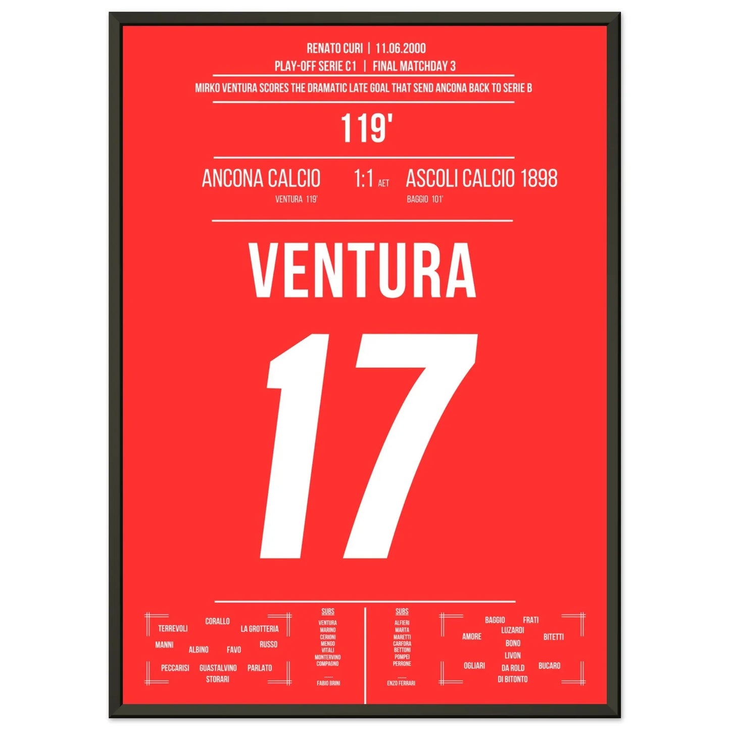 Ventura's Tor zum Aufstieg von Ancona gegen Ascoli in 2000 50x70-cm-20x28-Schwarzer-Aluminiumrahmen