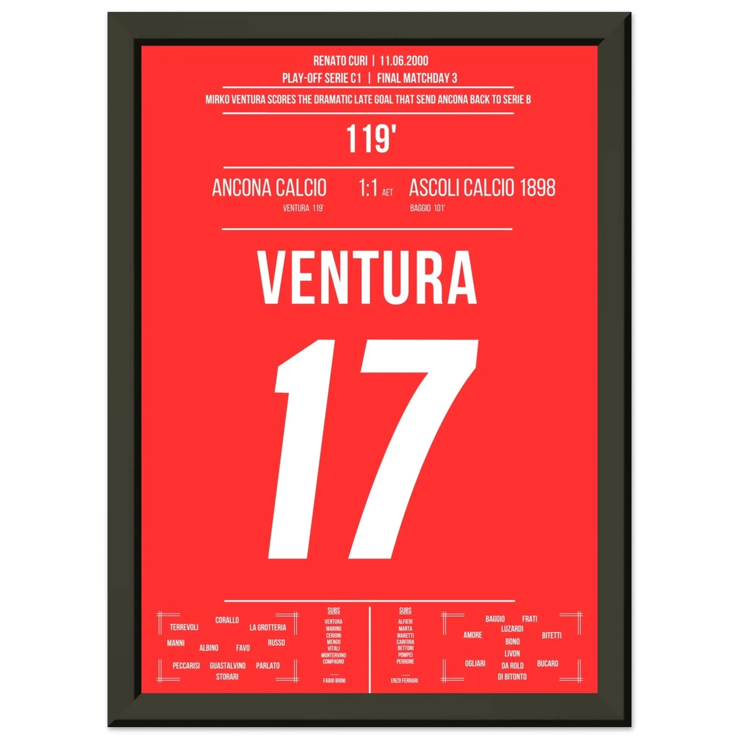 Ventura's Tor zum Aufstieg von Ancona gegen Ascoli in 2000 A4-21x29.7-cm-8x12-Schwarzer-Aluminiumrahmen