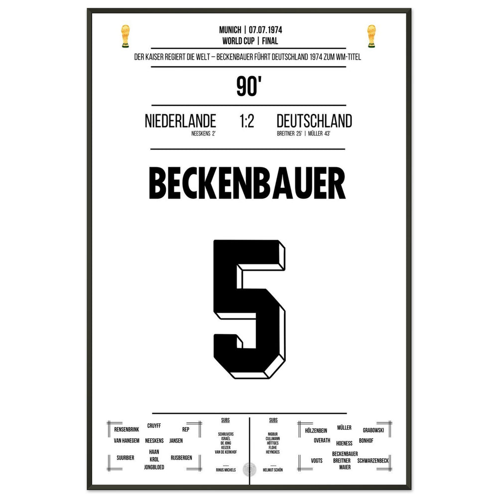 Beckenbauer mène l'Allemagne à son deuxième titre de champion du monde en 1974.