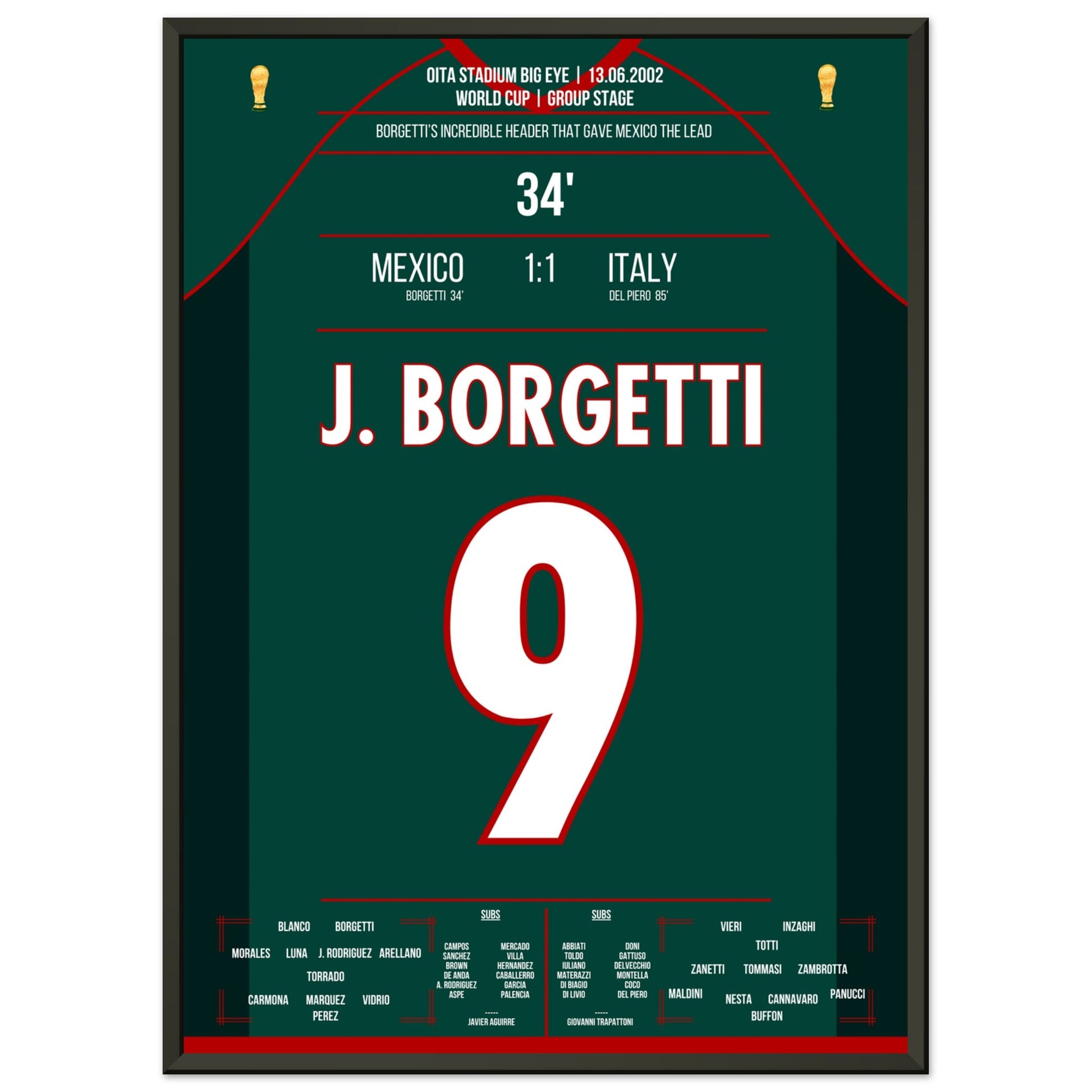 Borgetti's sensationelles Kopfballtor gegen Buffon bei der WM 2002 50x70-cm-20x28-Schwarzer-Aluminiumrahmen
