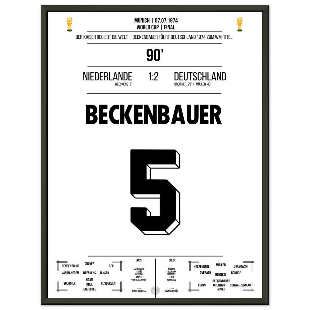 Beckenbauer mène l'Allemagne à son deuxième titre de champion du monde en 1974.