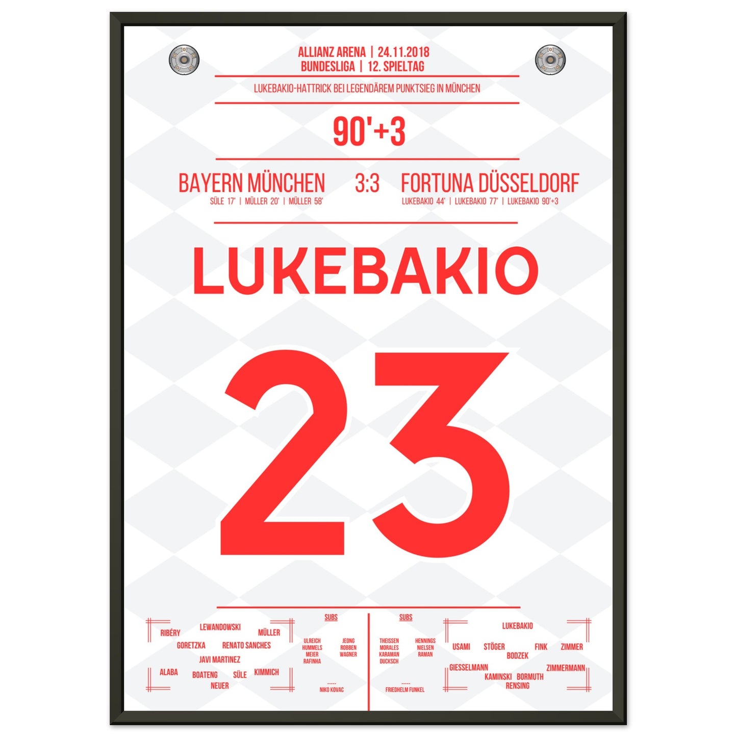 Lukebakio Hattrick gegen Bayern in 2018 50x70-cm-20x28-Schwarzer-Aluminiumrahmen