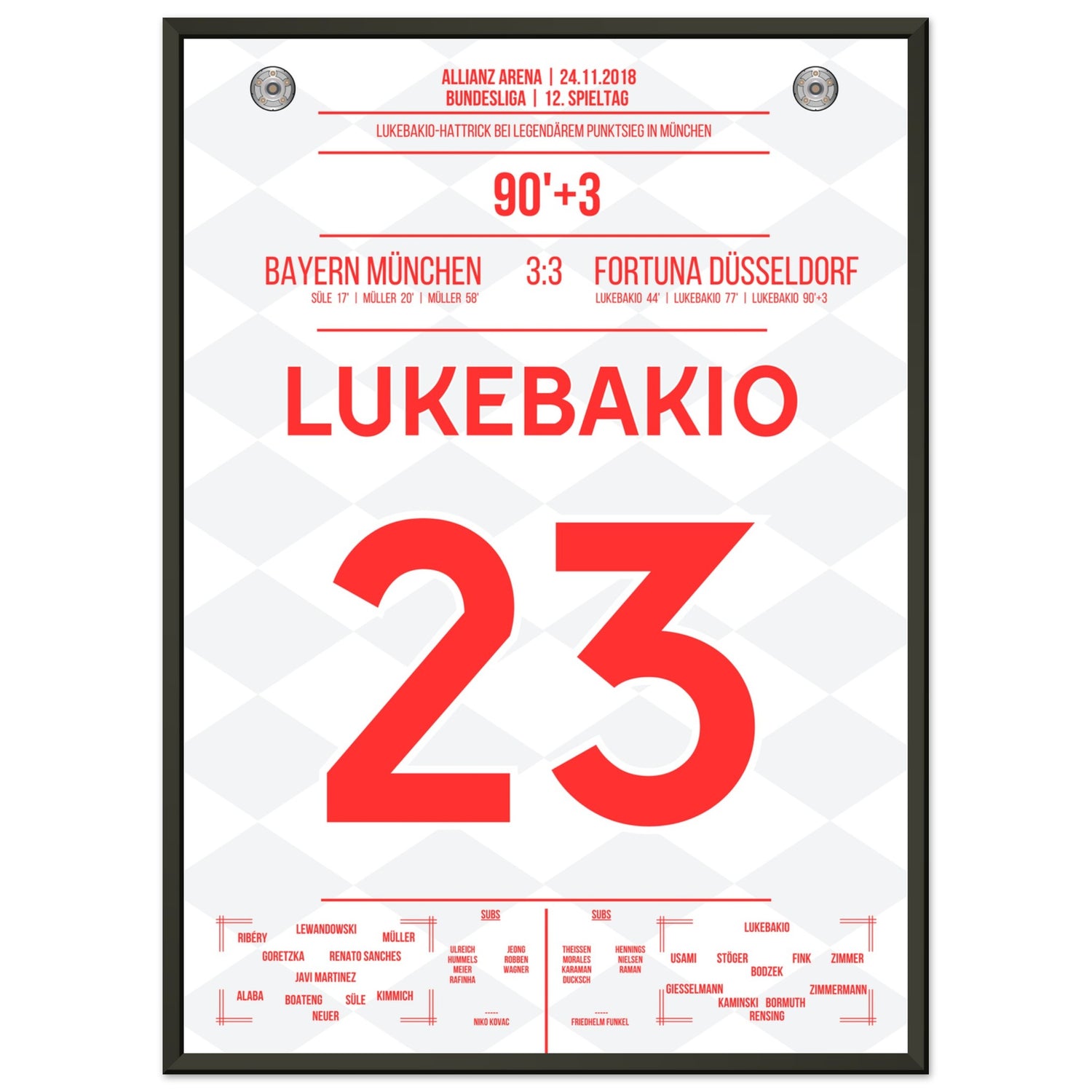 Lukebakio Hattrick gegen Bayern in 2018 50x70-cm-20x28-Schwarzer-Aluminiumrahmen