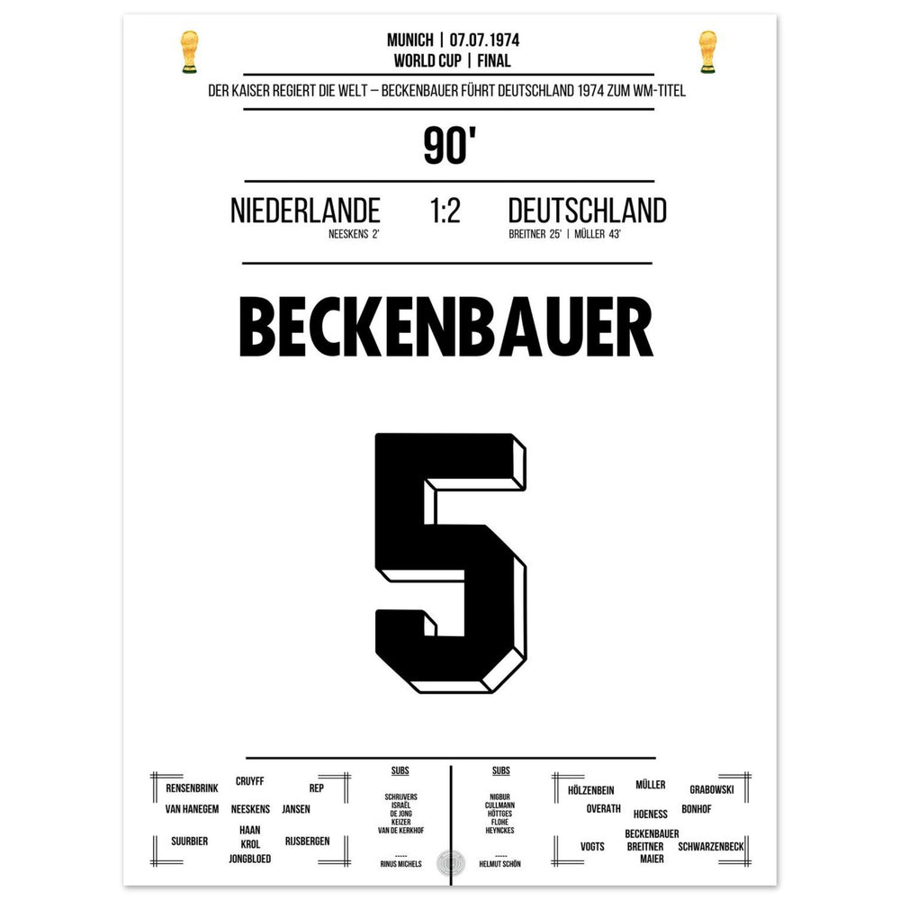 Beckenbauer mène l'Allemagne à son deuxième titre de champion du monde en 1974.