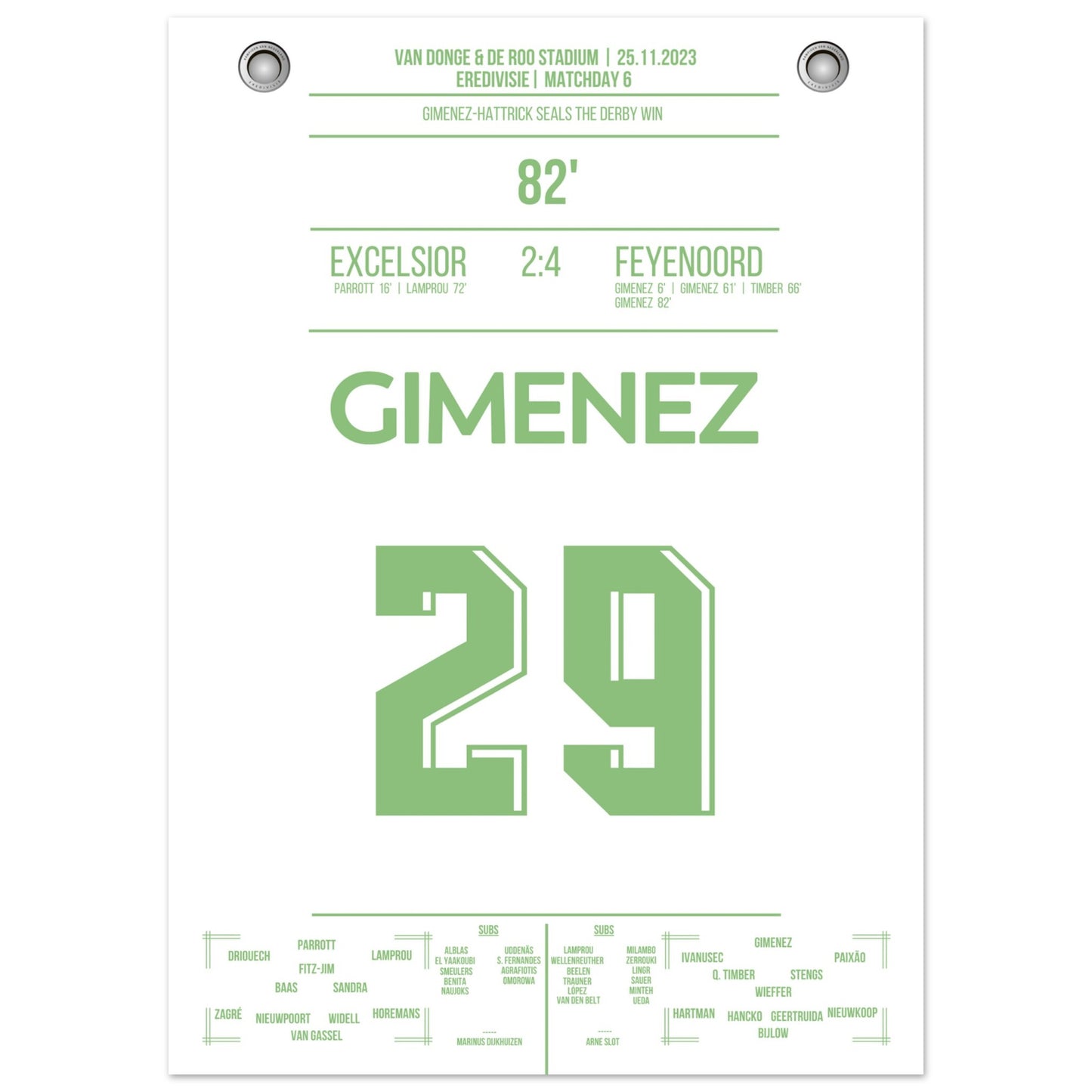 Gimenez-Hattrick beim Derby Sieg gegen Excelsior 50x70-cm-20x28-Ohne-Rahmen