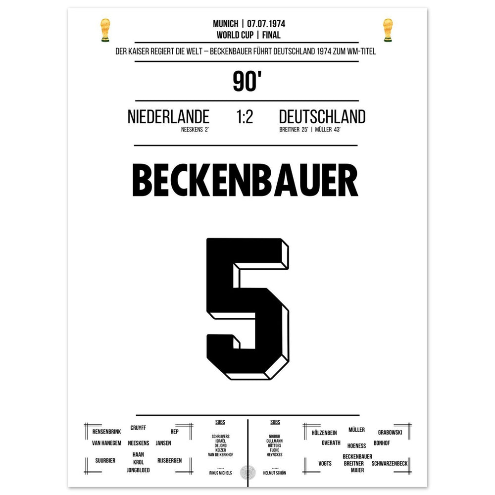 Beckenbauer mène l'Allemagne à son deuxième titre de champion du monde en 1974.
