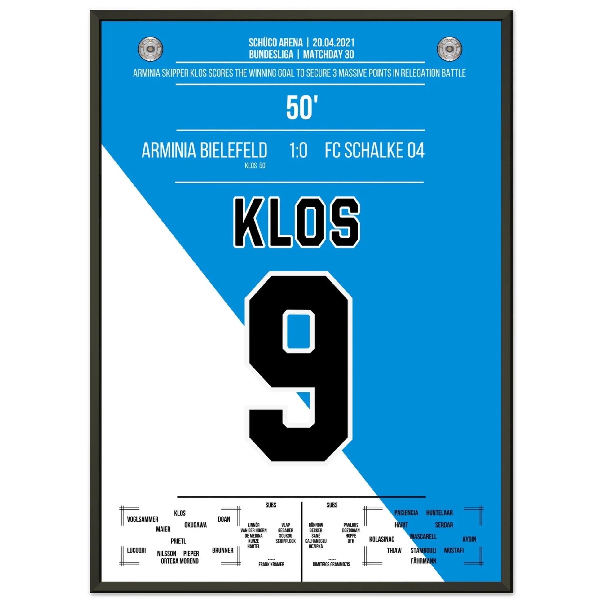 Bielefeld's Big Points im Abstiegskampf gegen Schalke 2021 50x70-cm-20x28-Schwarzer-Aluminiumrahmen