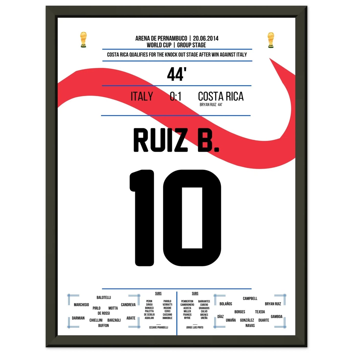 Bryan Ruiz köpft Costa Rica zum Sieg gegen Italien bei der WM 2014 30x40-cm-12x16-Schwarzer-Aluminiumrahmen