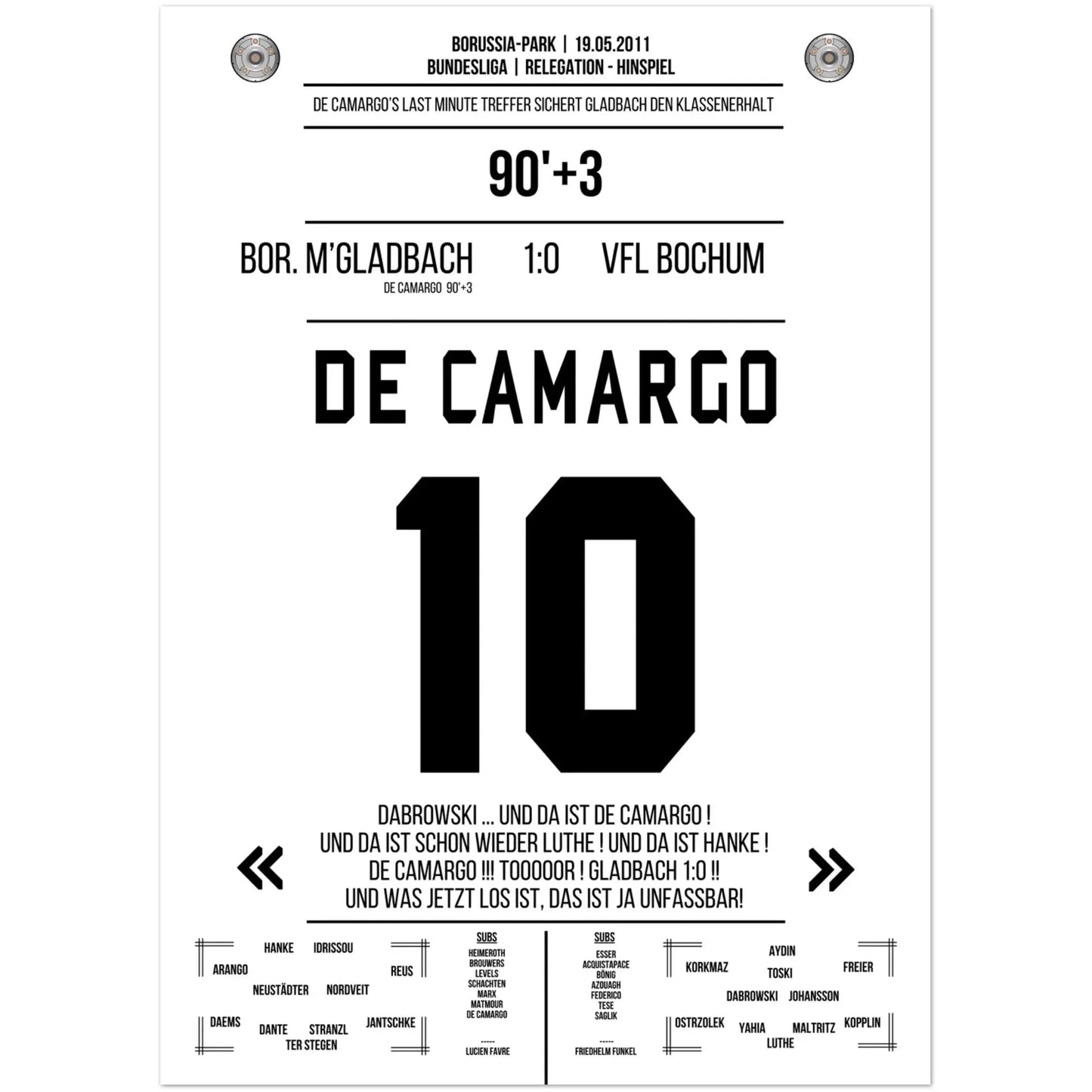 De Camargo scores and keeps Mönchengladbach in the Bundesliga.