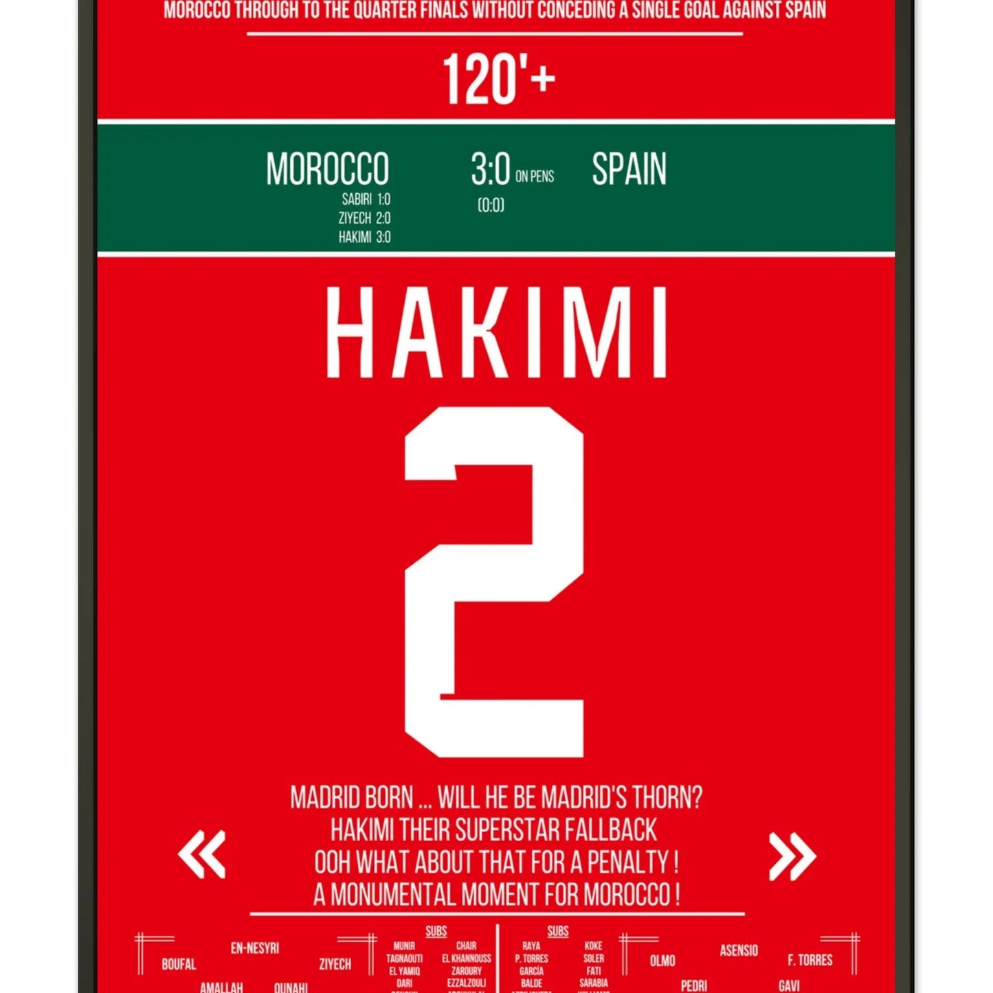 Marokko schafft die Sensation gegen Spanien bei der WM 2022 60x90-cm-24x36-Schwarzer-Aluminiumrahmen