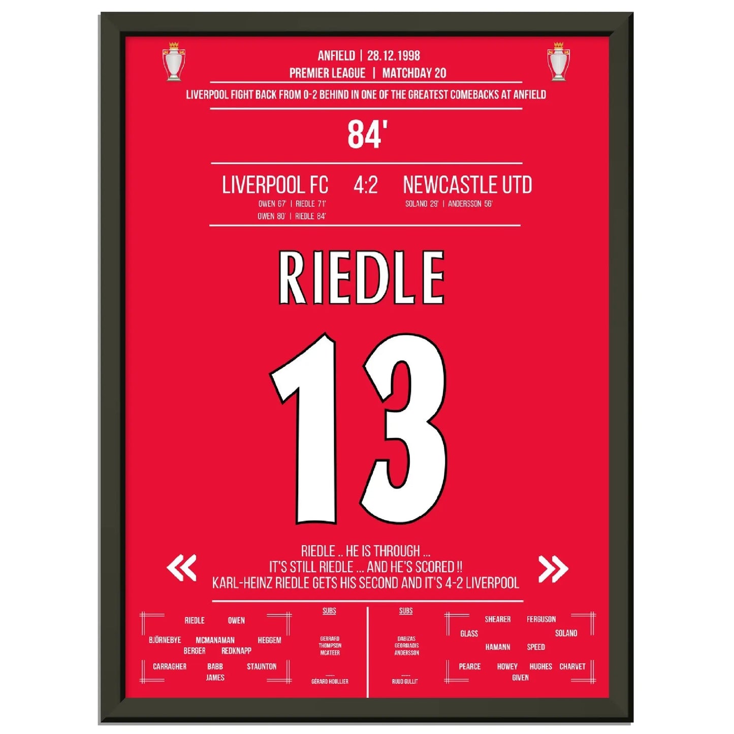 Riedle's Doppelpack bei Liverpools wilder Aufholjagd gegen Newcastle 1998 