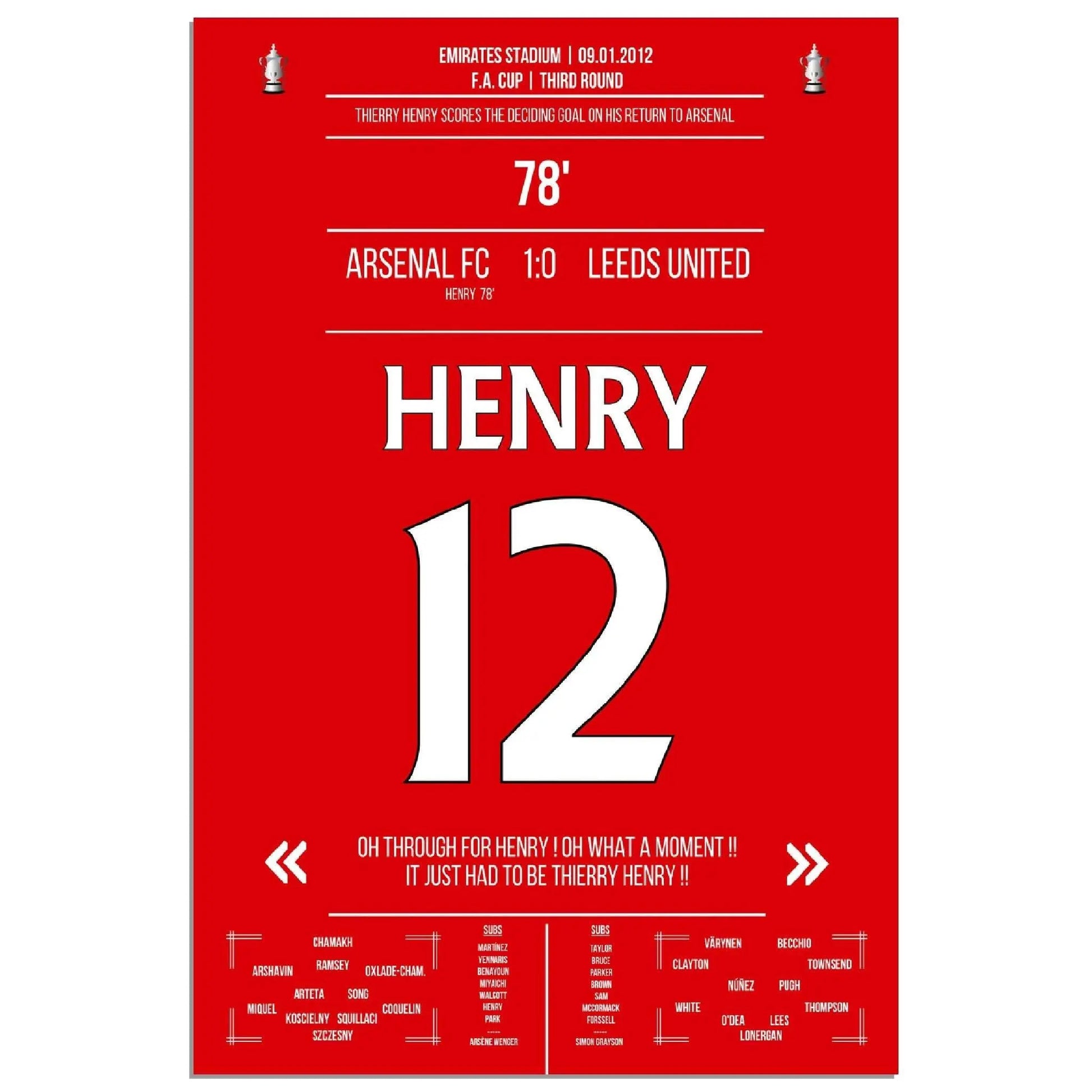 Thierry Henry Comeback 2012 Siegtreffer für Arsenal - Leeds FA Cup 3. Runde