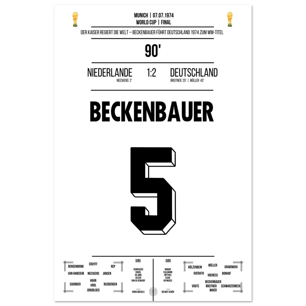 Beckenbauer mène l'Allemagne à son deuxième titre de champion du monde en 1974.