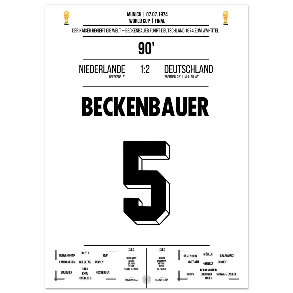 Beckenbauer mène l'Allemagne à son deuxième titre de champion du monde en 1974.